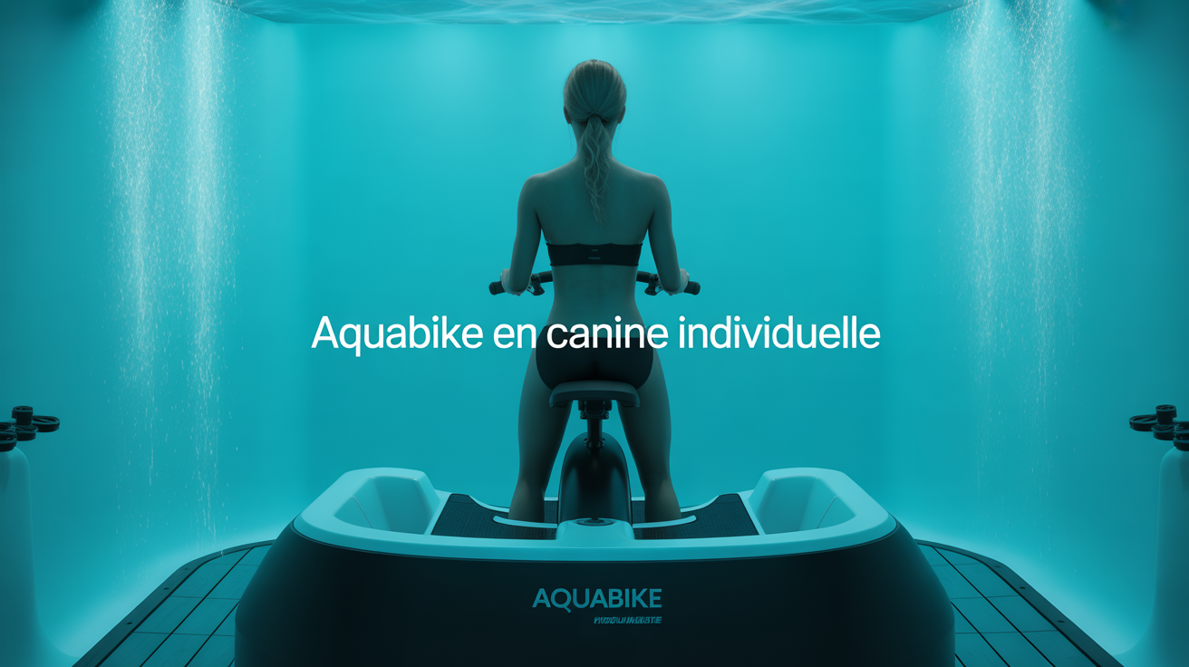 Vue cabine aquabike individuelle, jets et vélo immergé, ambiance spa