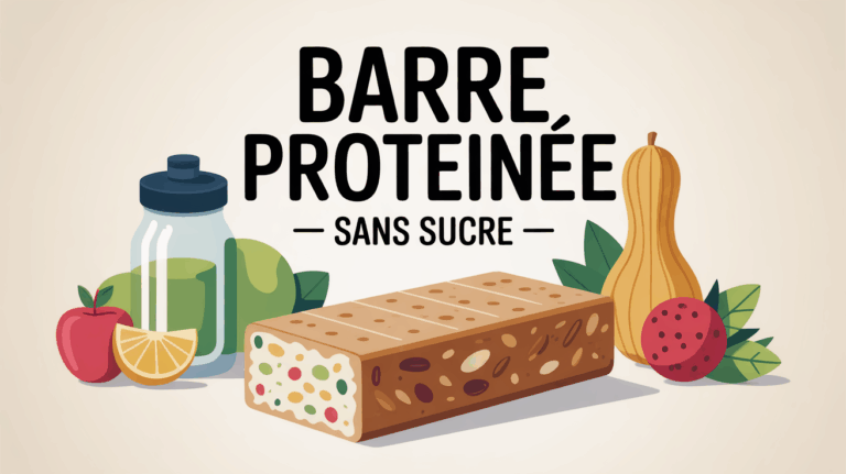 barre proteinee sans sucre avec haltère et fruits, collation sportive