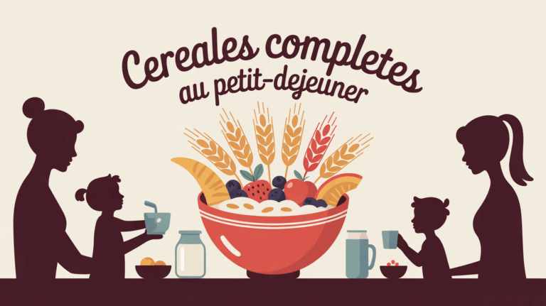 Bol de céréales complètes avec fruits et lait, famille autour de la table au petit-déjeuner