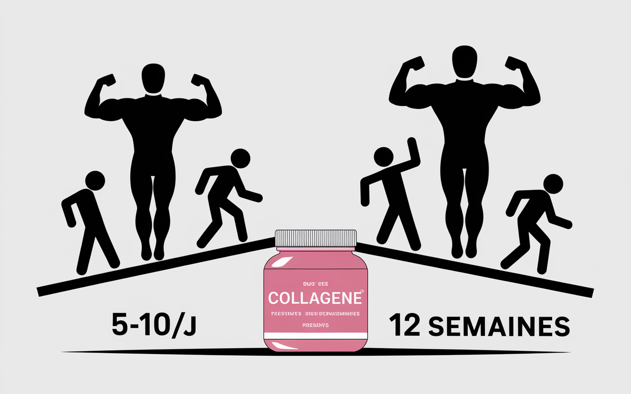 Balance, silhouettes musclées, pot collagène, pictogrammes articulations, chiffres collagène
