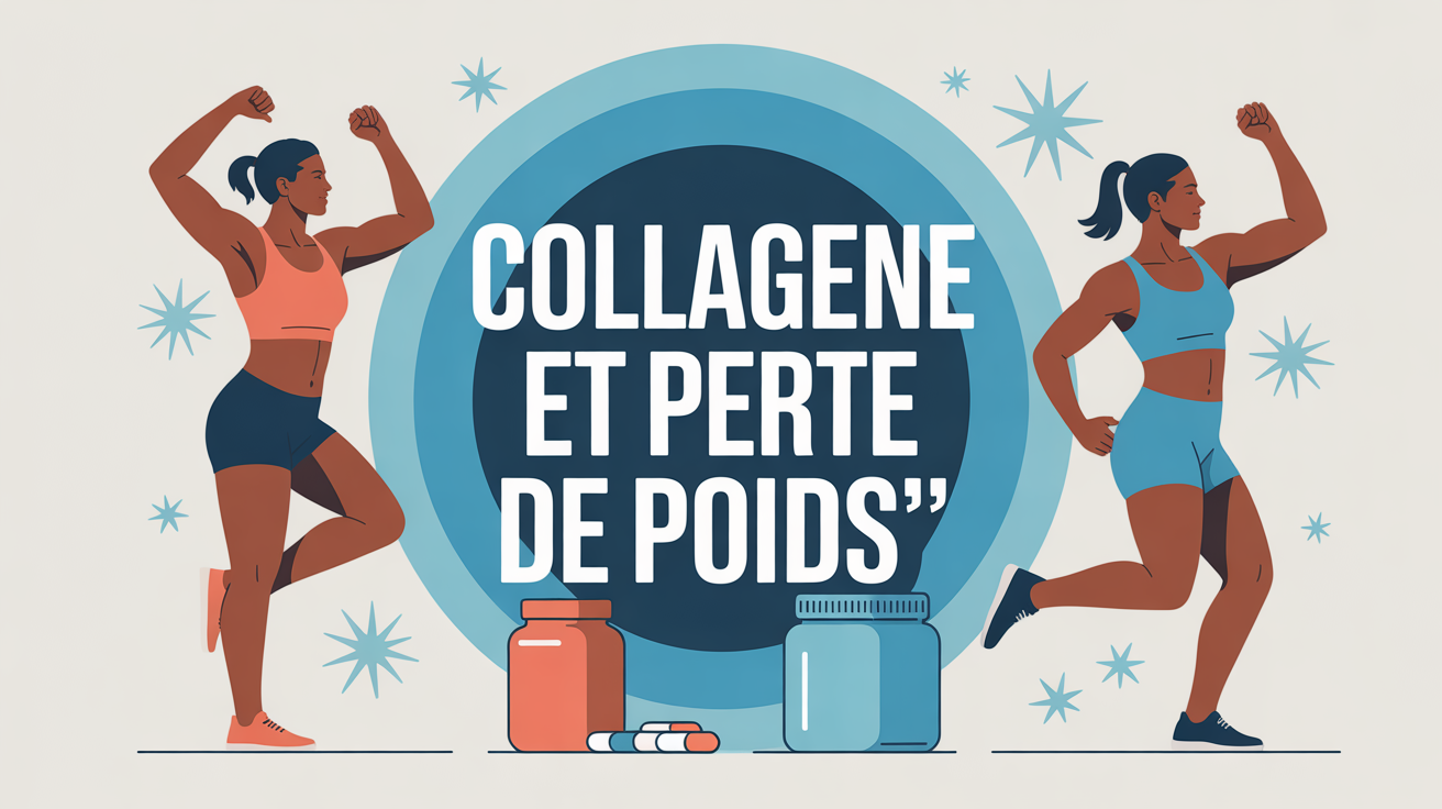 Illustration silhouettes sportives, pot de collagène, halo bleu, collagène et perte de poids