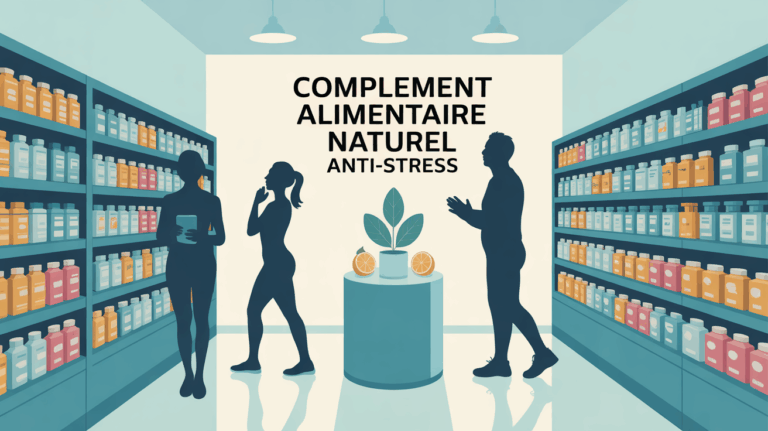 Silhouettes dans pharmacie avec complements alimentaires anti stress