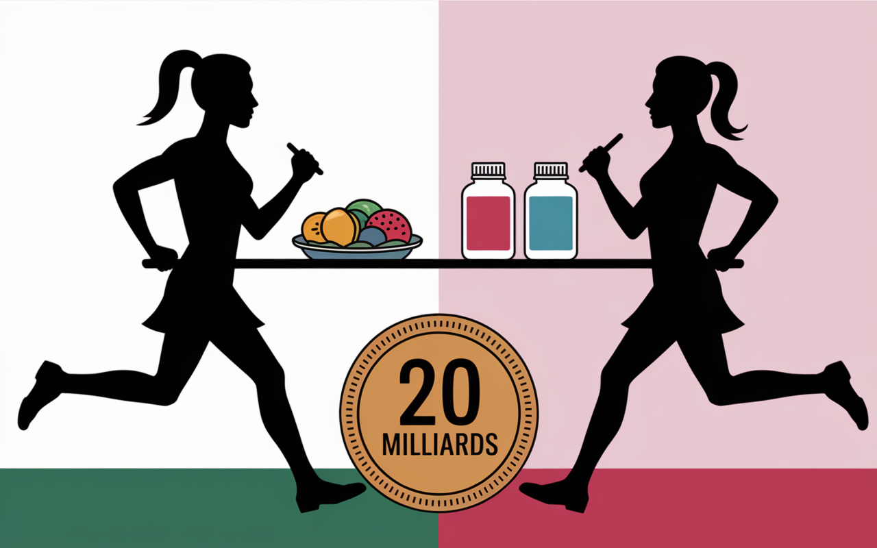 Deux coureurs assiette aliments variés flacons supplements course à pied 20 milliards