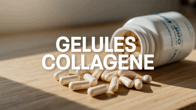 gélules collagène posées sur une table en bois