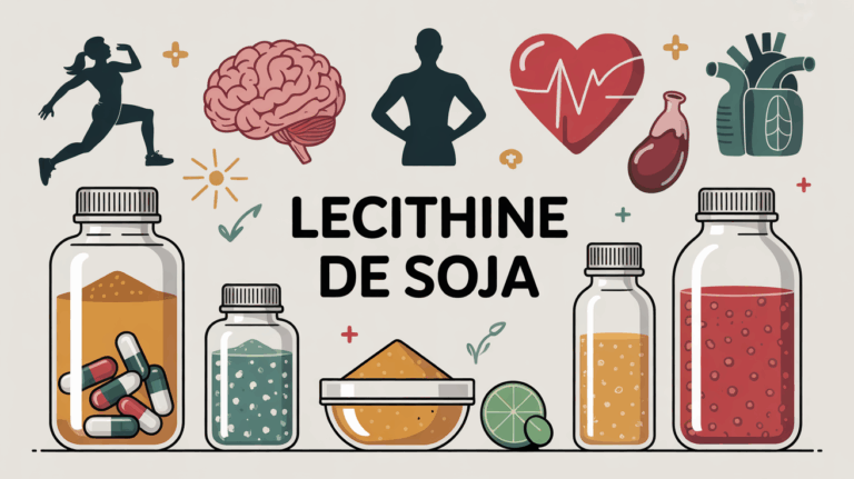 Illustration lecithine de soja capsules poudre liquide symboles cerveau coeur foie