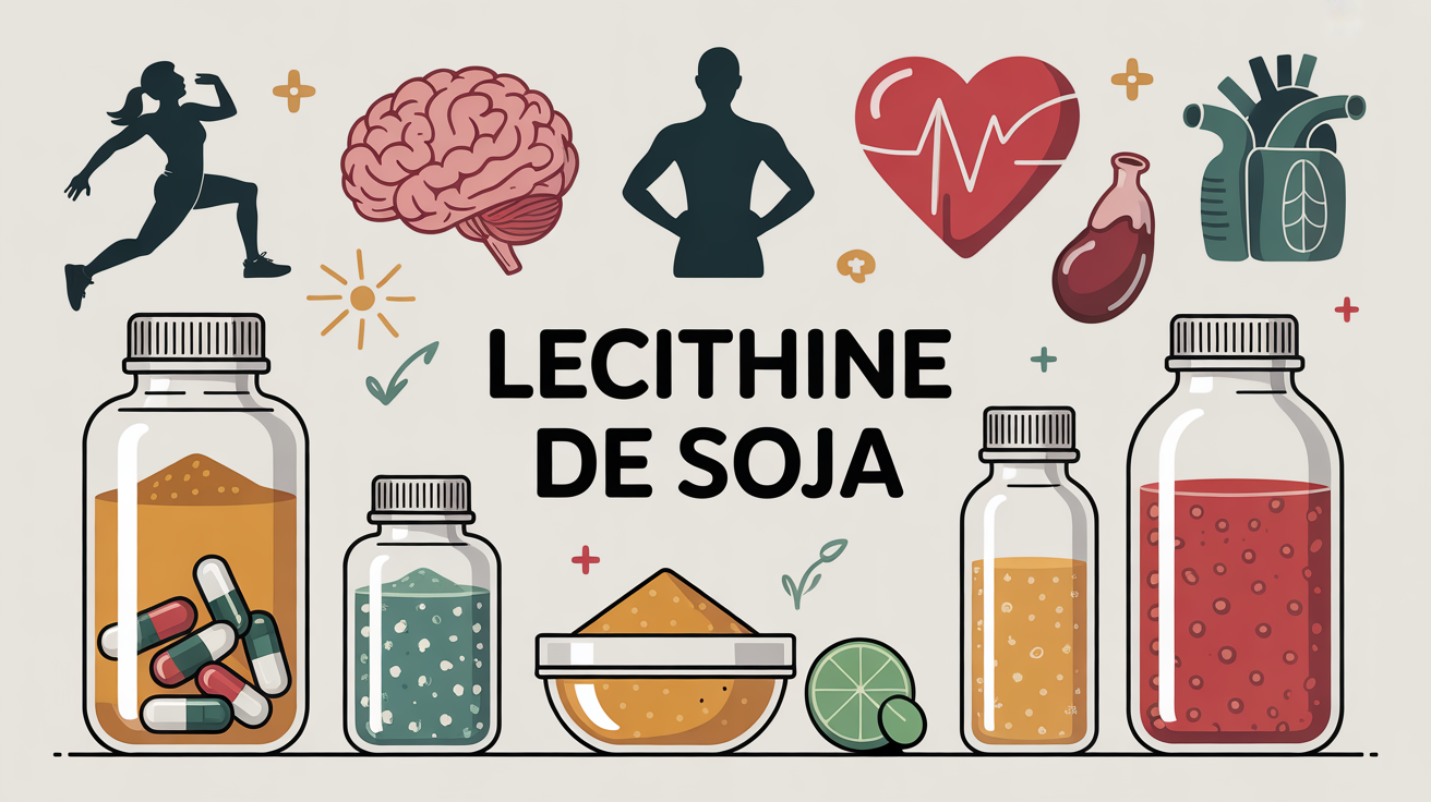 Illustration lecithine de soja capsules poudre liquide symboles cerveau coeur foie