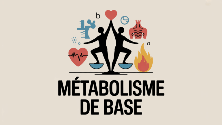Deux silhouettes sur balance avec elements metabolisme et formules