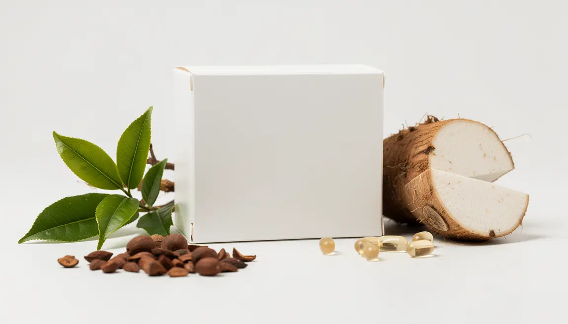 Boîte de gélules naturelles, extraits végétaux visible, ambiance santé