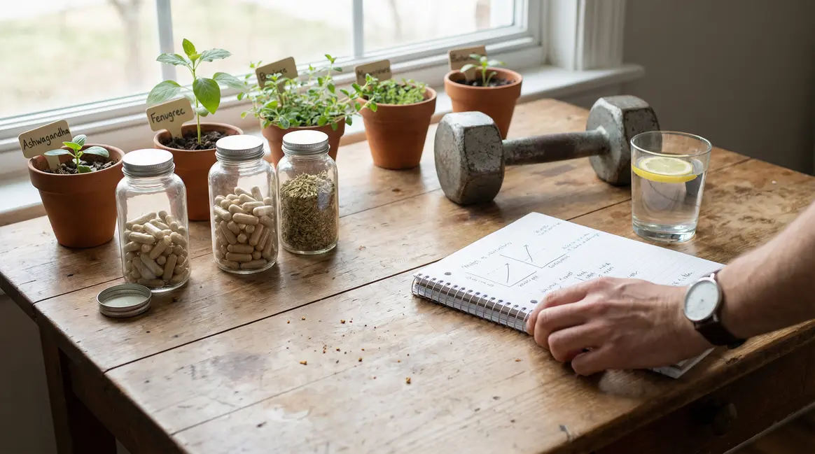 Table avec piluliers, Ashwagandha, Fenugrec, haltère et carnet, alternatives naturelles Primobolan