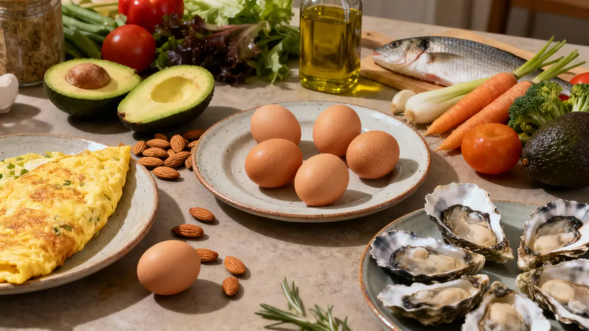 Assiette aliments riches zinc vitamine D et graisses saines
