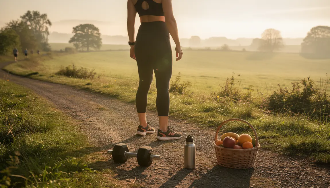 Silhouette sportive dehors vue sur nature, haltère, fruits et eau