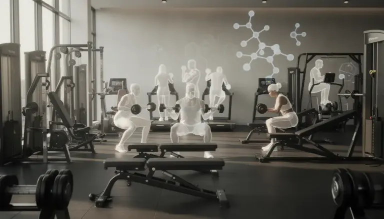 Vue salle de sport avec haltères et molecules, focus musculation et SARMs