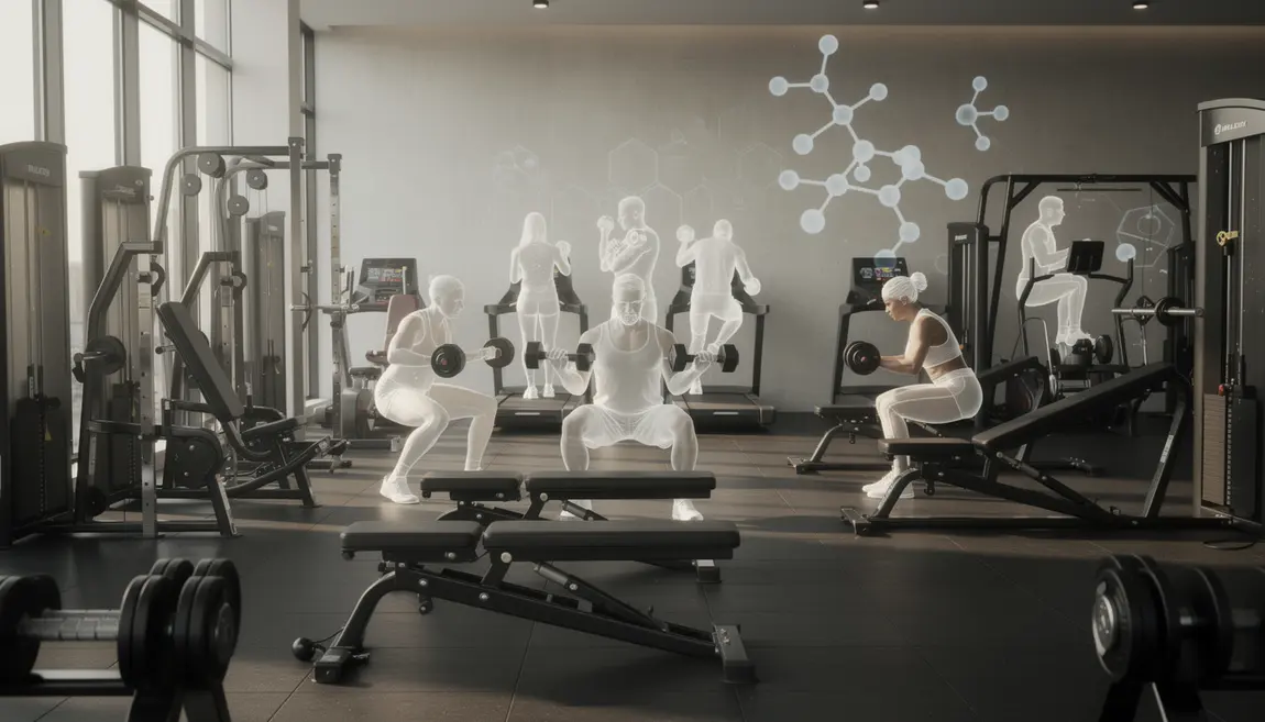 Vue salle de sport avec haltères et molecules, focus musculation et SARMs