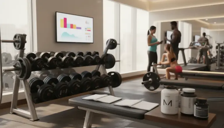 Salle de sport moderne avec haltères et compléments SARMs