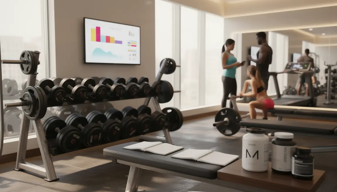 Salle de sport moderne avec haltères et compléments SARMs