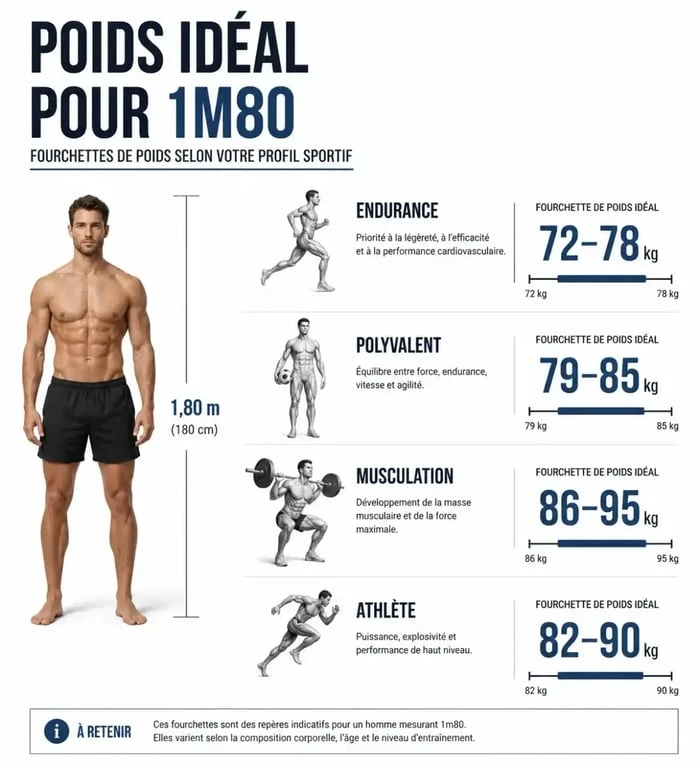 Infographie des fourchettes de poids idéal pour un homme d'1m80 selon le profil sportif