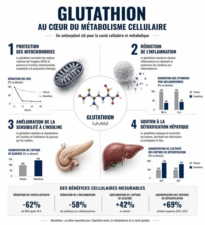 Infographie expliquant le rôle du glutathion et son impact sur le métabolisme et la gestion du poids