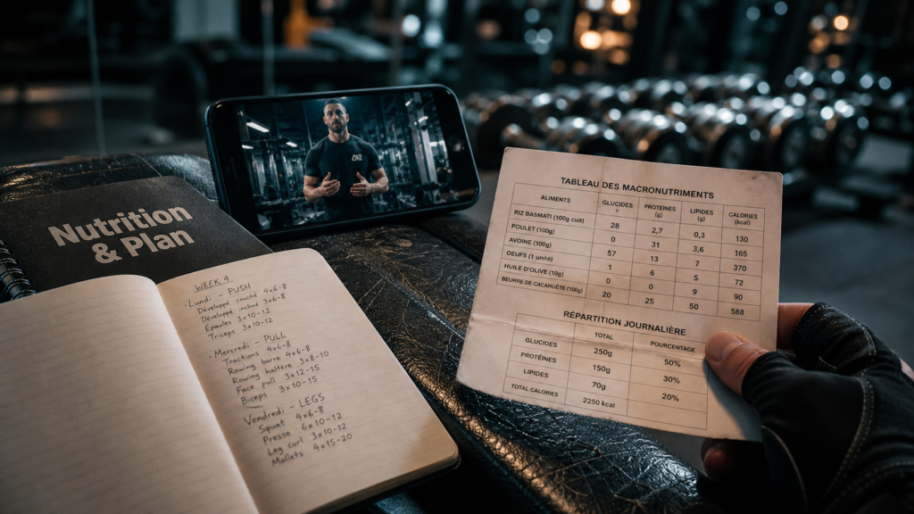 Influenceur muscu en salle : téléphone, carnet nutrition et plan d’entraînement