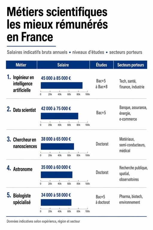 Infographie des métiers scientifiques bien payés avec salaires, études et secteurs porteurs