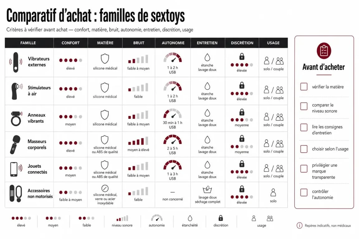 Test sextoy : comparatif visuel des critères essentiels et des grandes familles