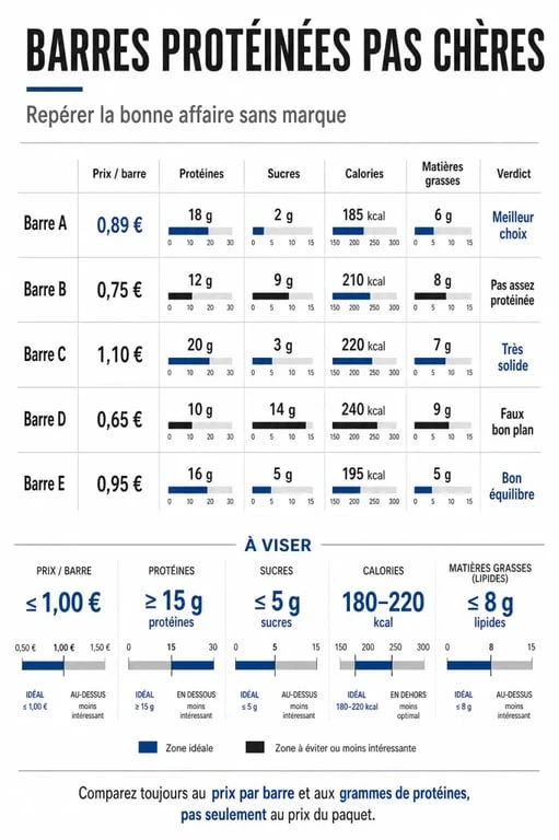 Infographie comparant une barre proteinee pas cher selon le prix, les protéines, les sucres et les calories