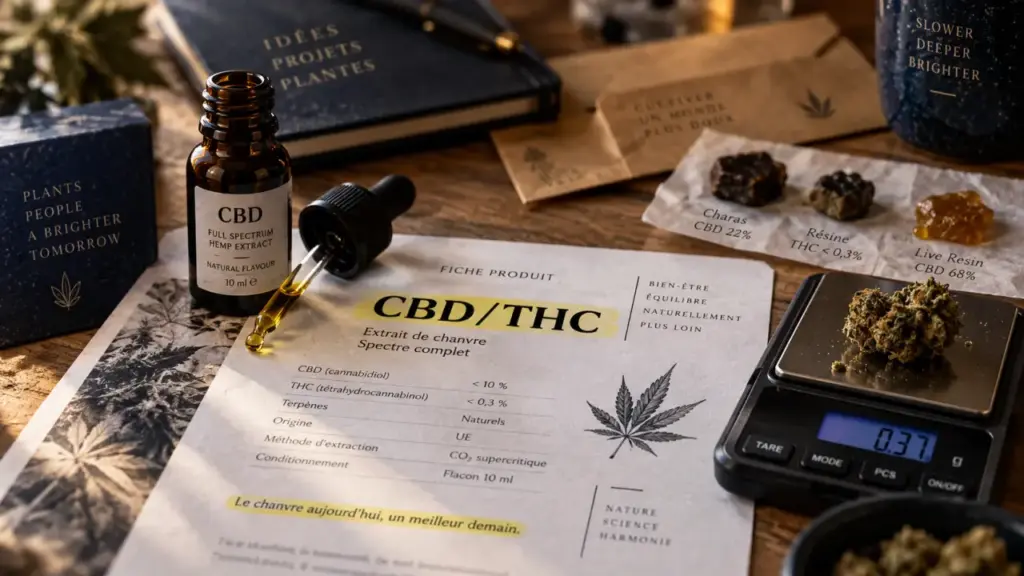 321cbd : fleurs, huiles et résines CBD sur table