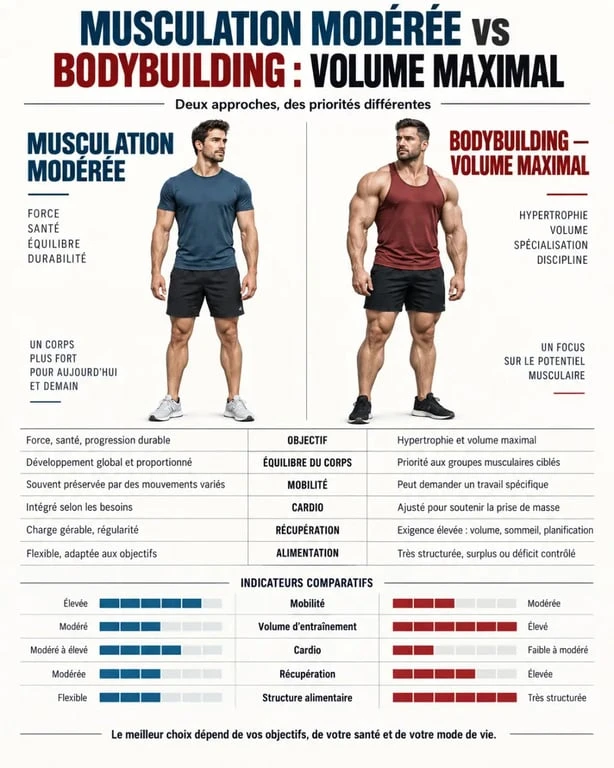 Infographie mec muscle mais pas trop : différence entre musculation modérée et bodybuilding