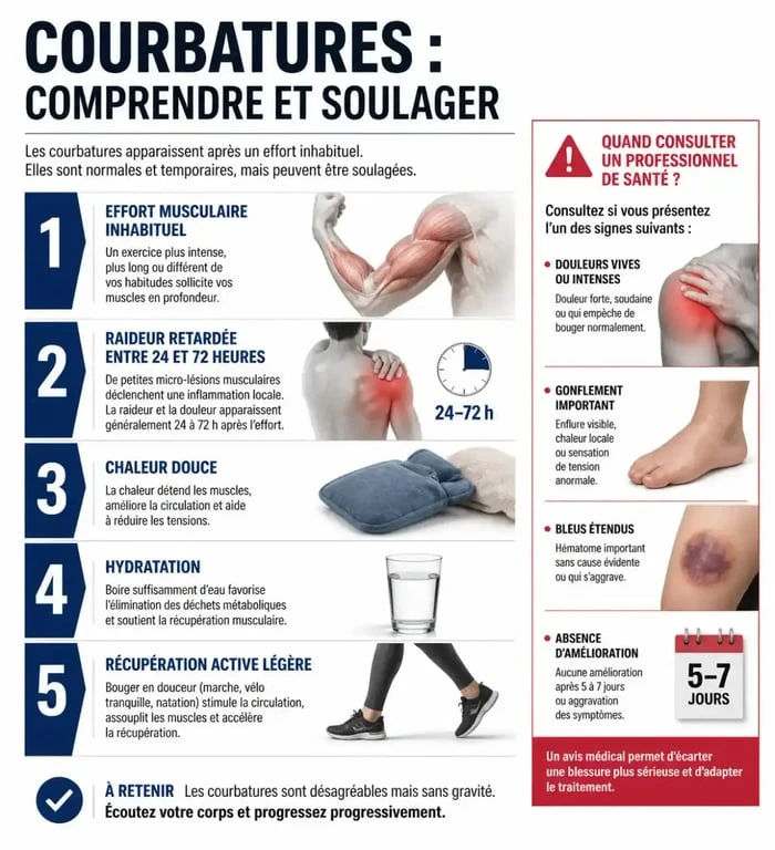Illustration expliquant comment soulager les courbatures et reconnaître les signes nécessitant une consultation