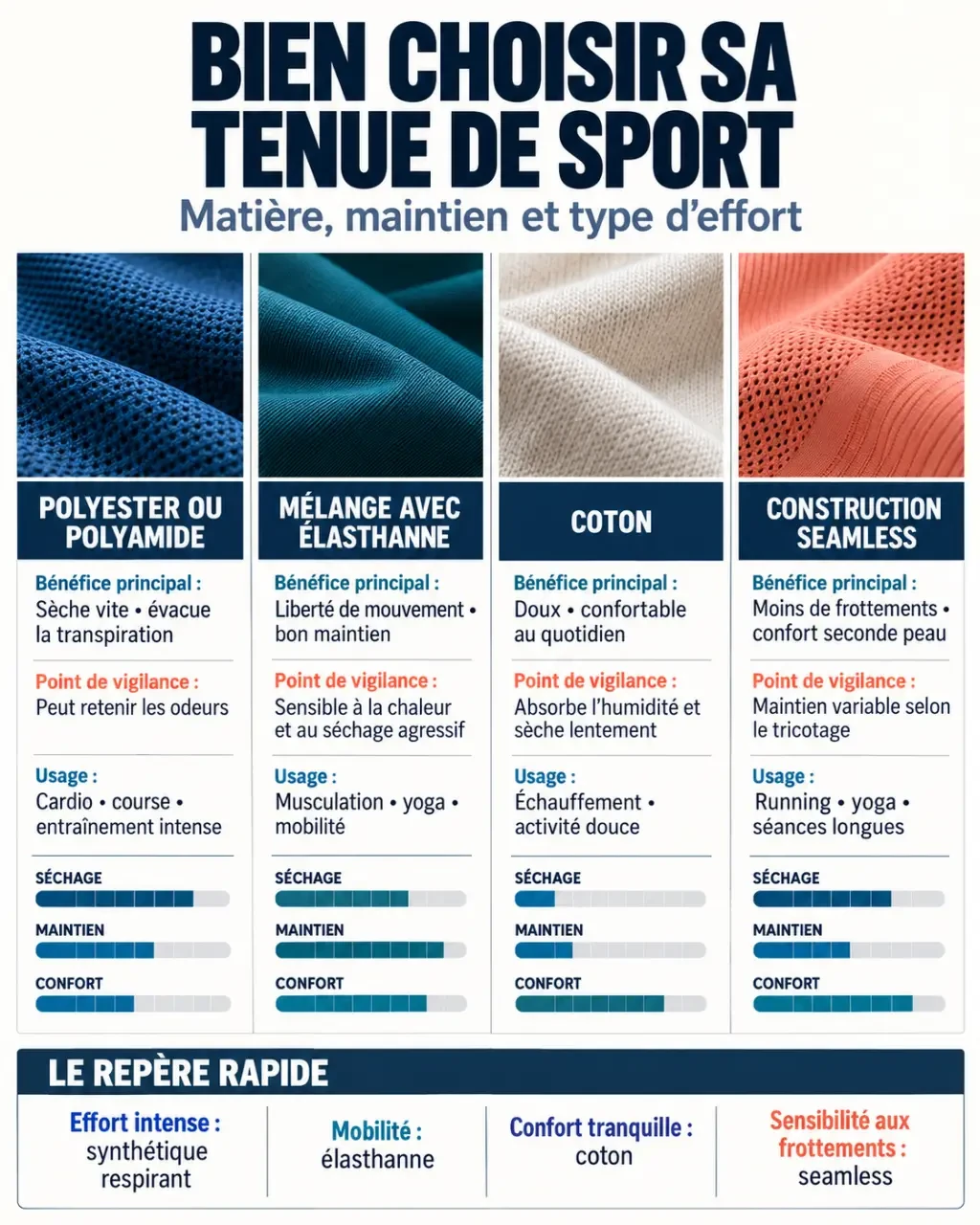 Infographie sur les matières à privilégier pour un vêtement pour salle de sport