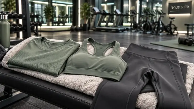 Vêtement pour salle de sport : t-shirt, brassière et legging près du corps