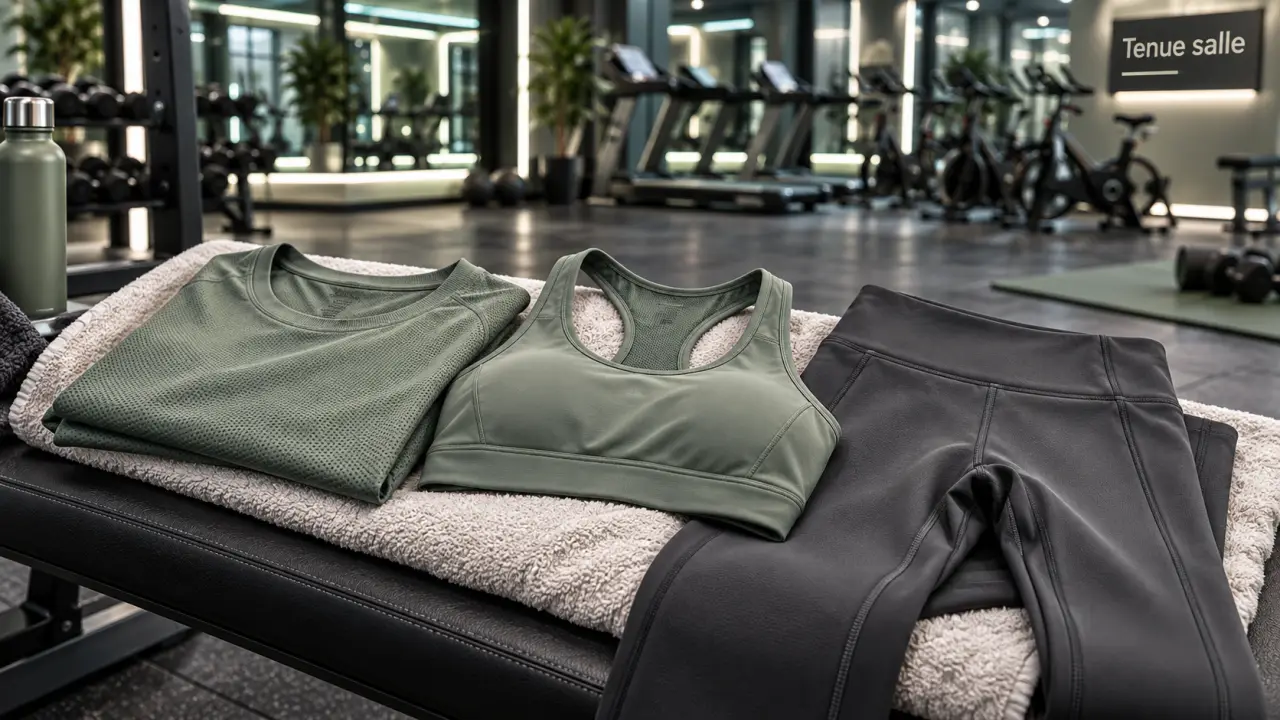 Vêtement pour salle de sport : t-shirt, brassière et legging près du corps