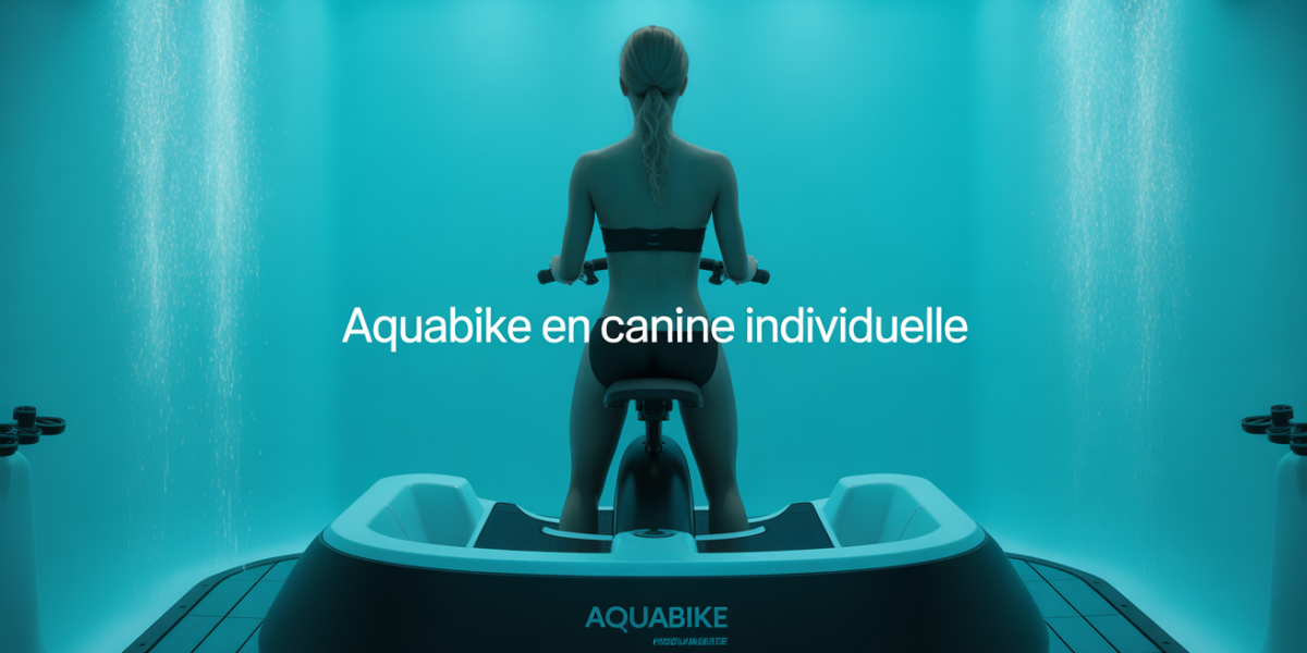 Vue cabine aquabike individuelle, jets et vélo immergé, ambiance spa