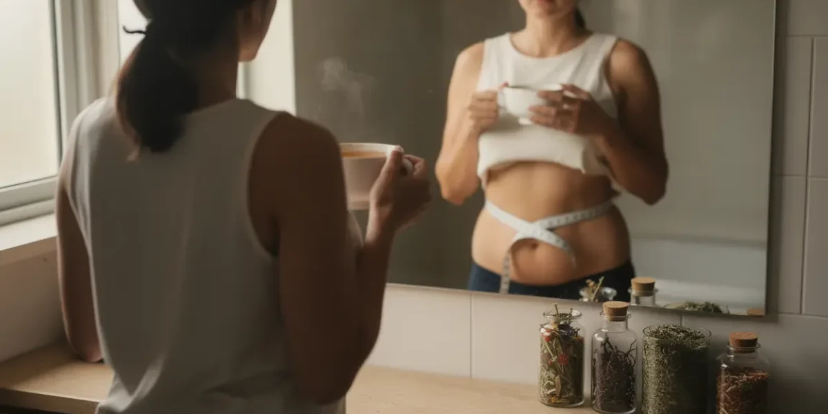adulte mesure tour de taille et boit tisane bruleur de graisse bio