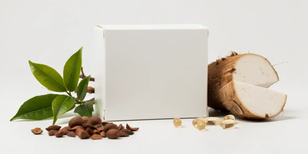 Boîte de gélules naturelles, extraits végétaux visible, ambiance santé
