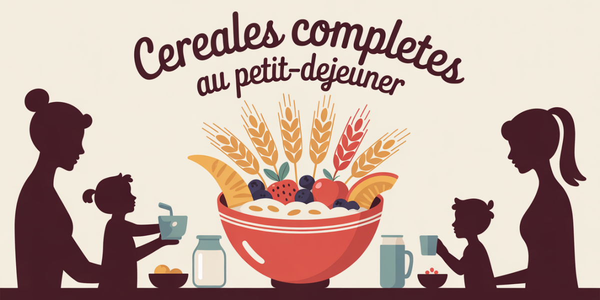 Bol de céréales complètes avec fruits et lait, famille autour de la table au petit-déjeuner