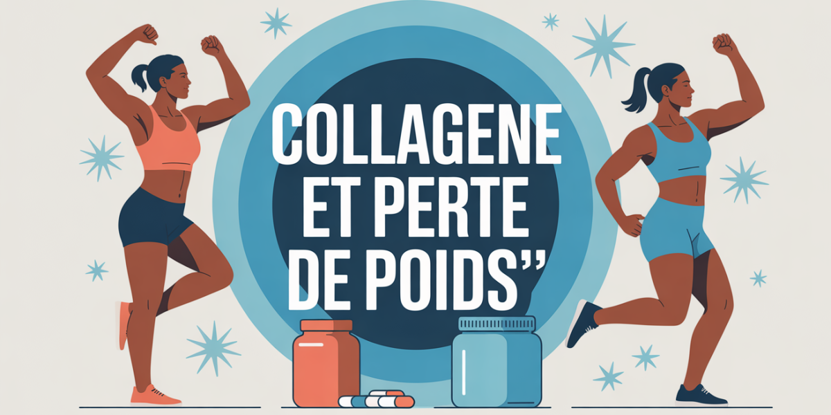 Illustration silhouettes sportives, pot de collagène, halo bleu, collagène et perte de poids