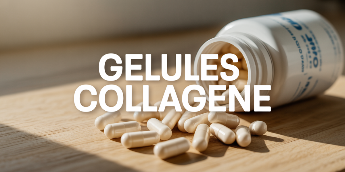 gélules collagène posées sur une table en bois