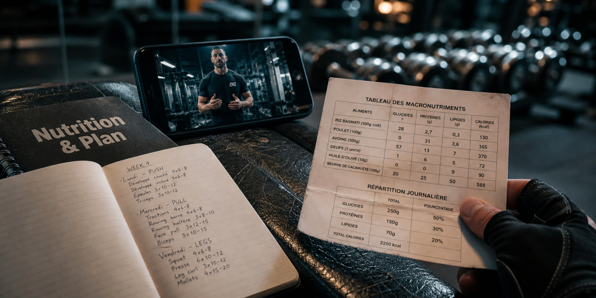 Influenceur muscu en salle : téléphone, carnet nutrition et plan d’entraînement