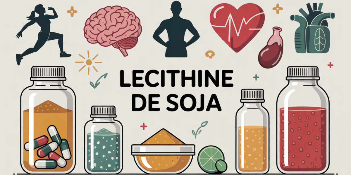 Illustration lecithine de soja capsules poudre liquide symboles cerveau coeur foie