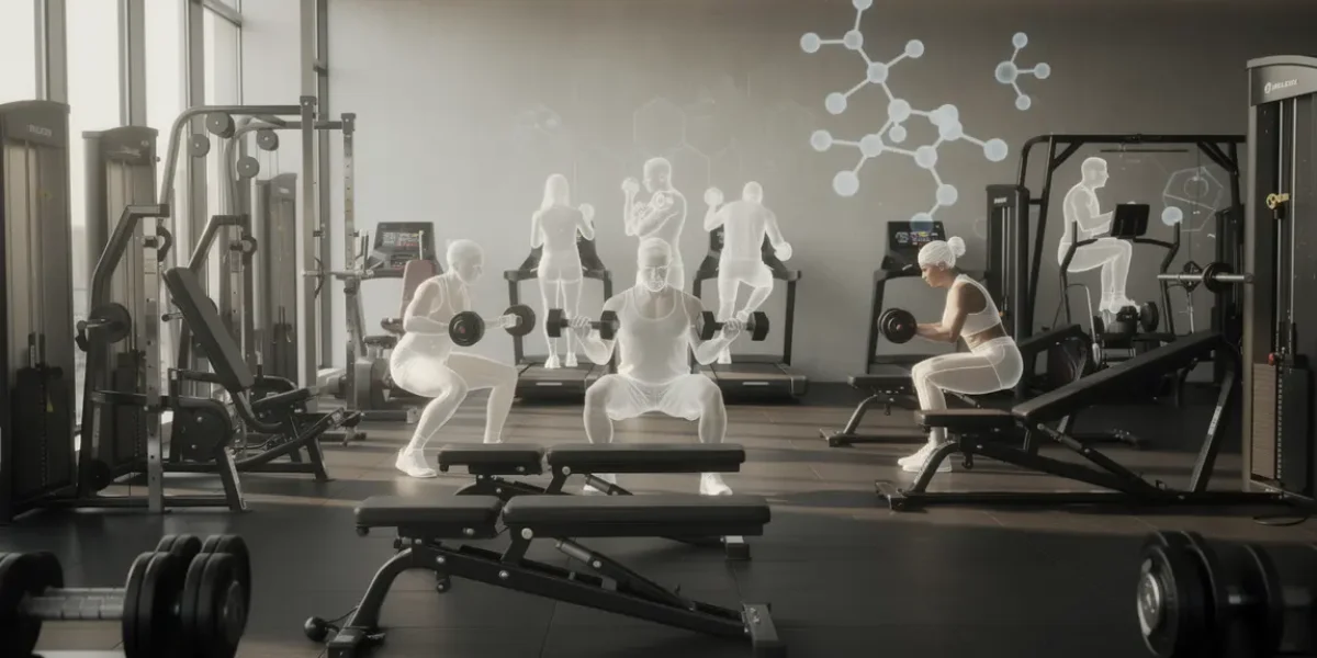 Vue salle de sport avec haltères et molecules, focus musculation et SARMs