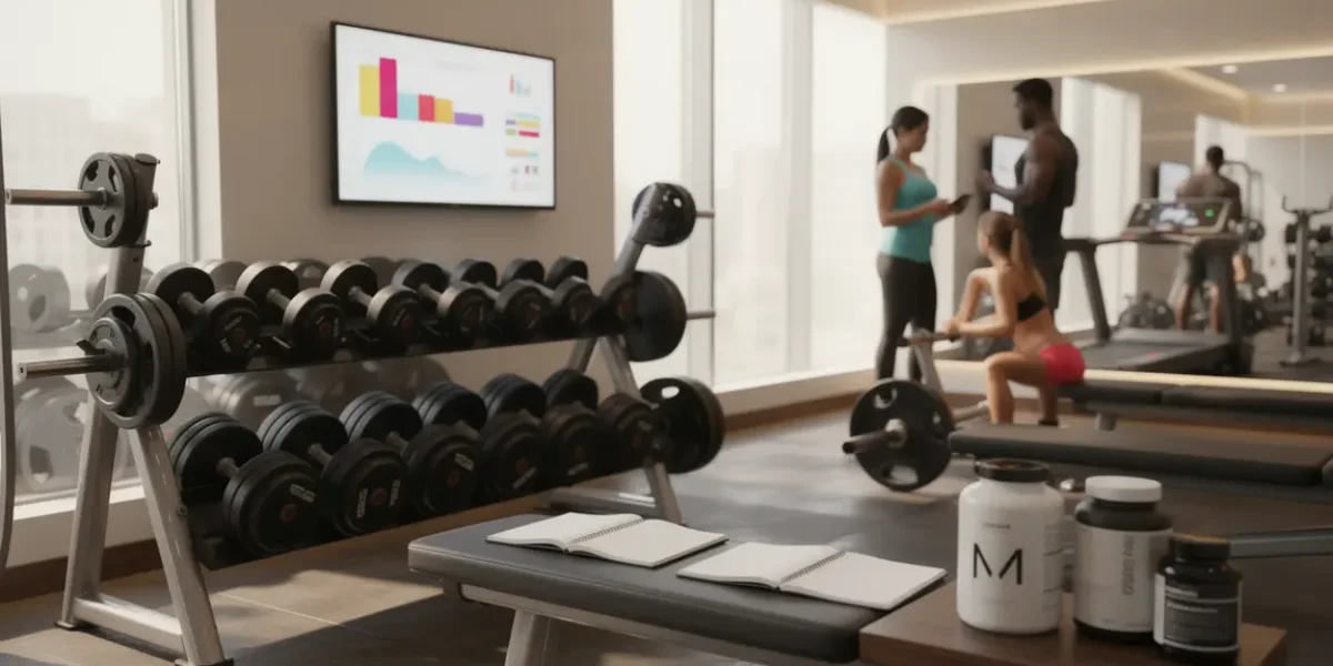 Salle de sport moderne avec haltères et compléments SARMs