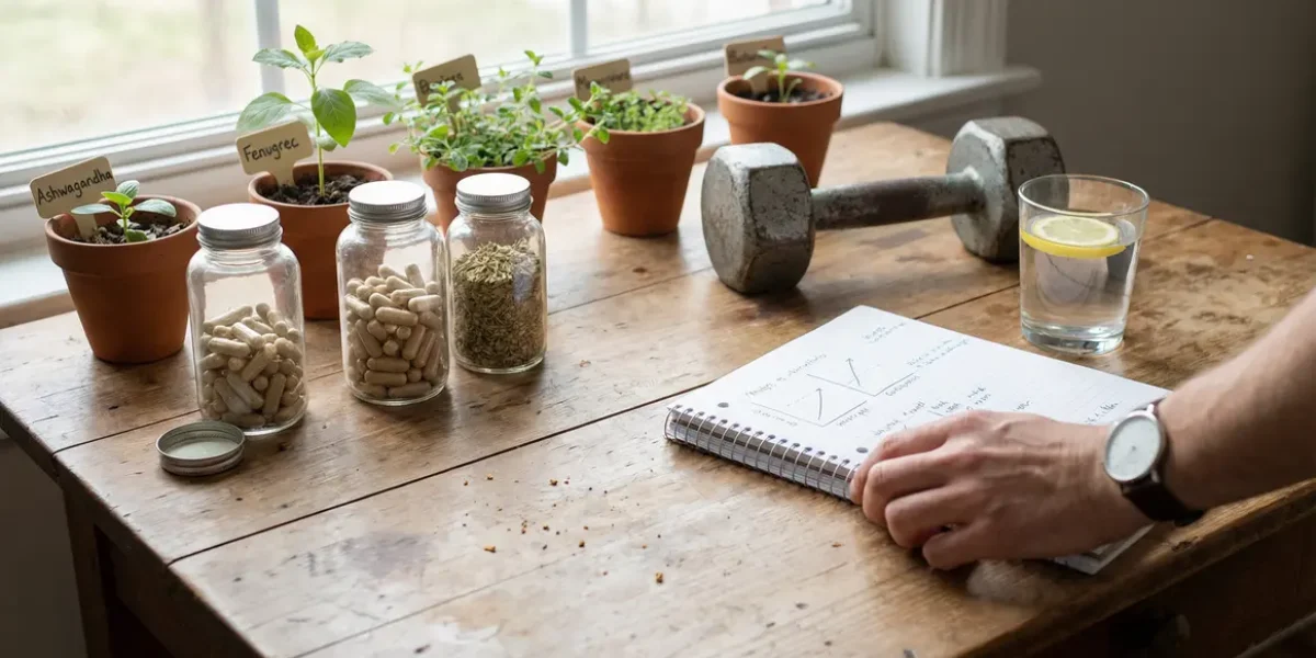 Table avec piluliers, Ashwagandha, Fenugrec, haltère et carnet, alternatives naturelles Primobolan