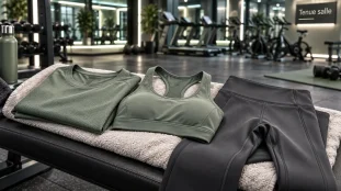 Vêtement pour salle de sport : t-shirt, brassière et legging près du corps