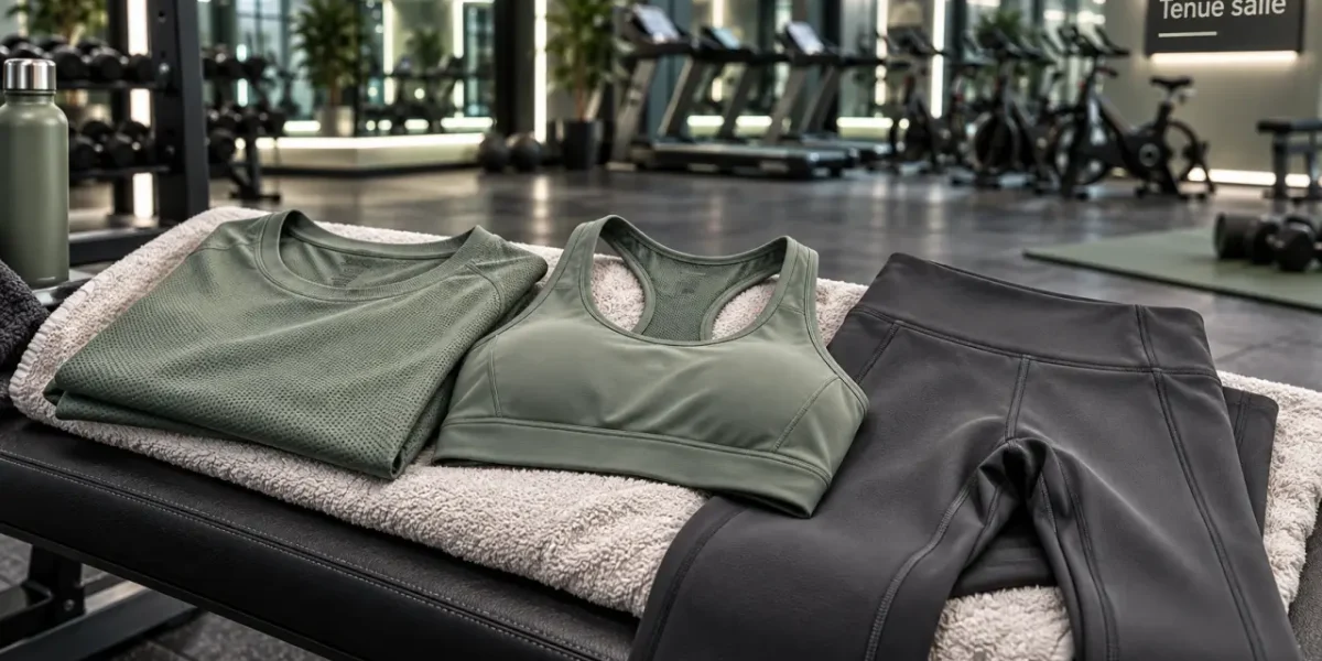 Vêtement pour salle de sport : t-shirt, brassière et legging près du corps